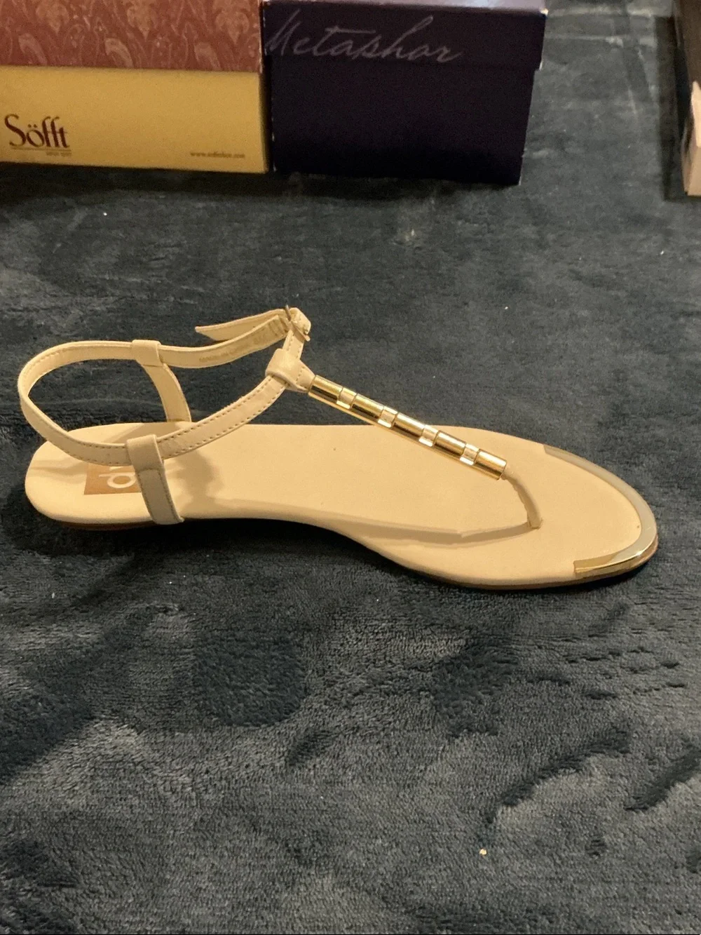 Dolce Vita Cream T-Strap Sandals with Gold Chain Detail